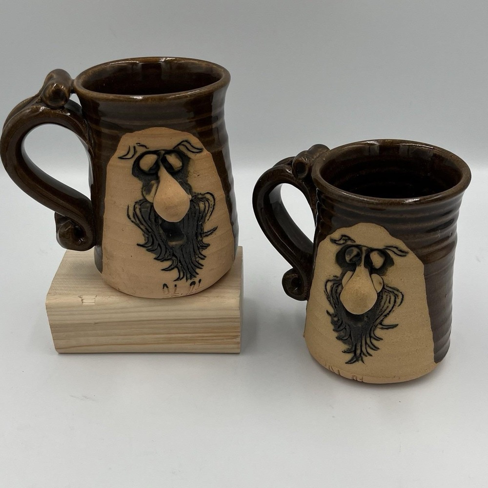 Set 2 VTG 70s Peter Petrie Pottery Mugs 3D Ugly Face Nose Clay Coffee Folk Art